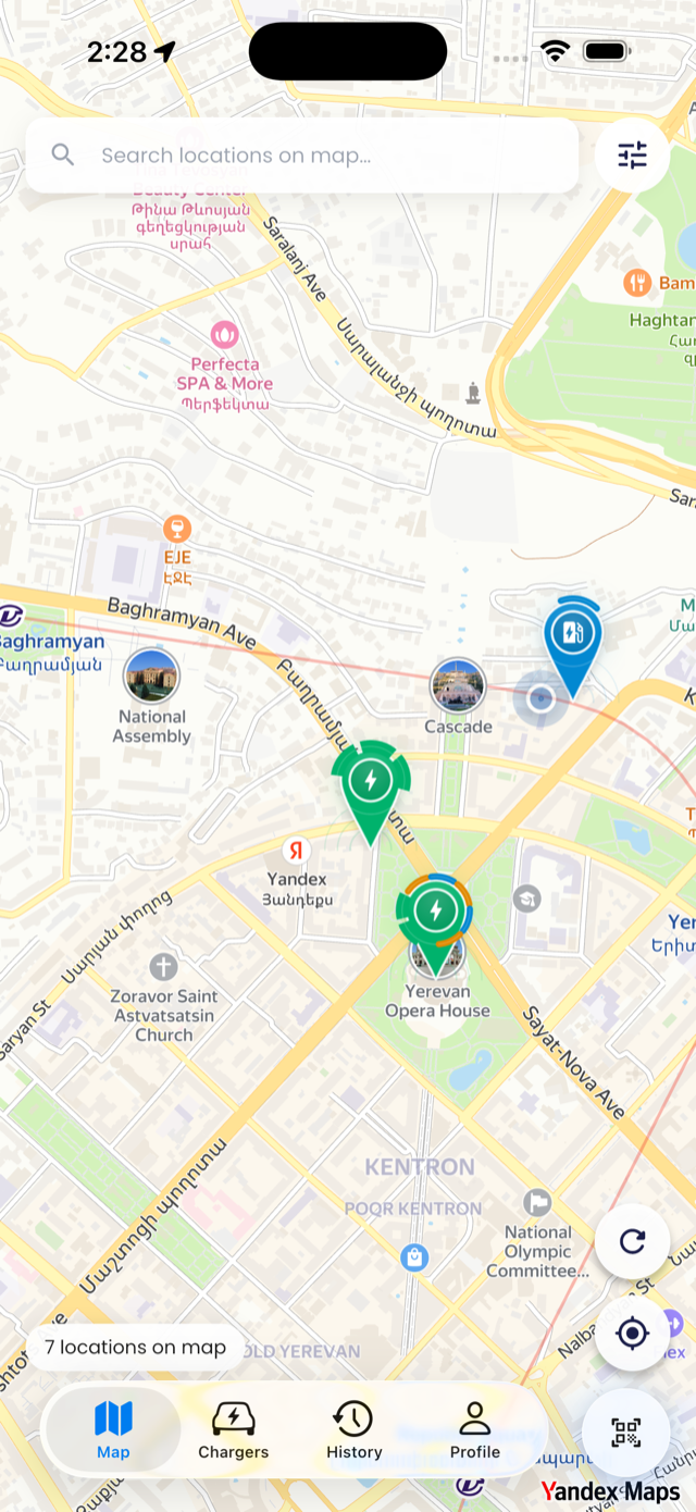 EnerGo app map view showing chargers across Yerevan